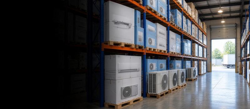 Allée d’entrepôt, rayonnages chargés de climatiseurs et d’unités extérieures