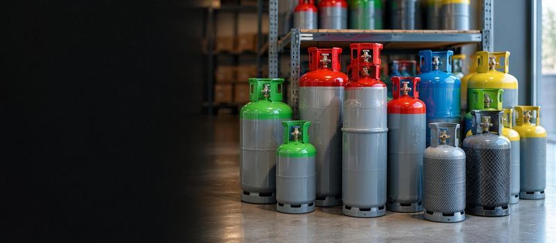 Bouteilles de fluides frigorigènes aux chapeaux rouges, verts, bleus et jaunes, en stock dans un entrepôt