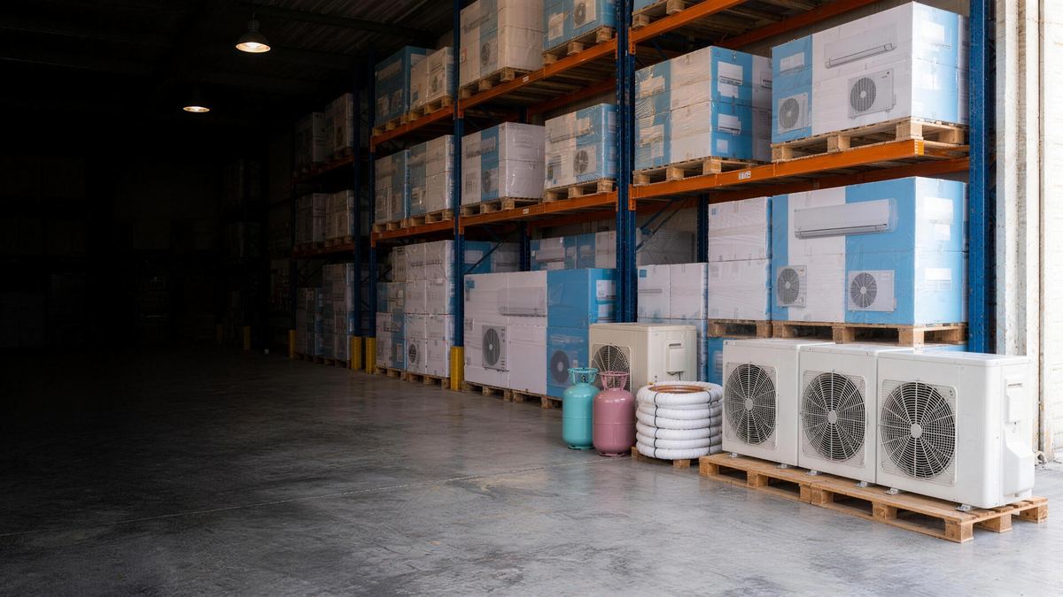 Le dépôt d'un distributeur de climatisation : rayonnages de cartons de climatiseurs, unités extérieures de pompes à chaleur sur palette