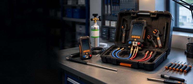 Établi de laboratoire : manifold électronique dans sa mallette, analyseur, bouteille de gaz et outils