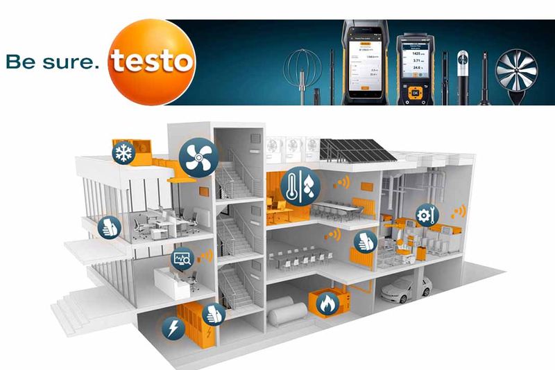 Visuel testo : instruments de mesure et coupe d’un bâtiment avec ses points de mesure