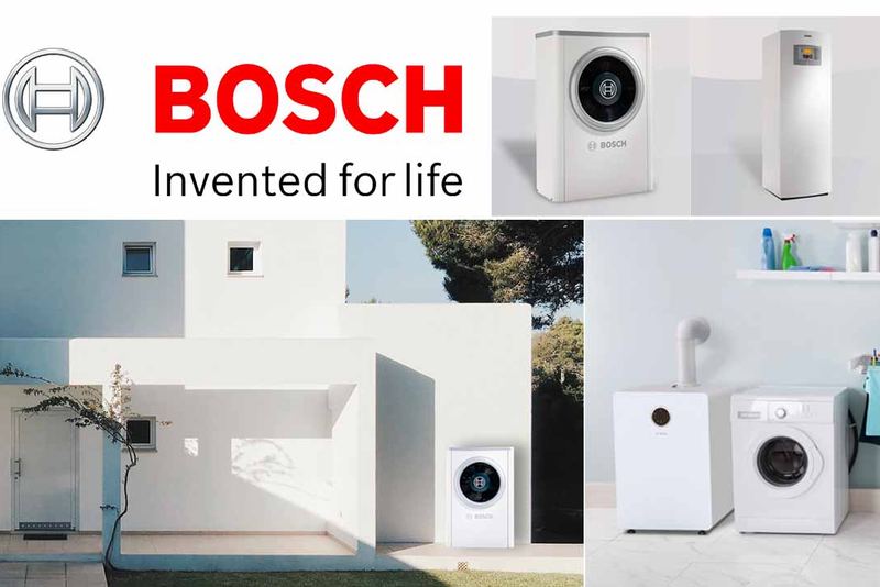 Visuel Bosch : pompes à chaleur installées en façade et dans une buanderie